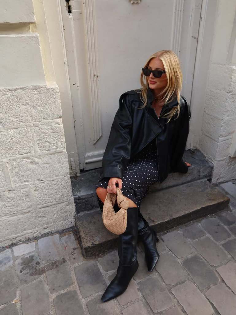 Chic Casual: Black Polka Dot Dress and Moto Jacket with Knee-High Boots — Black Boots Outfits