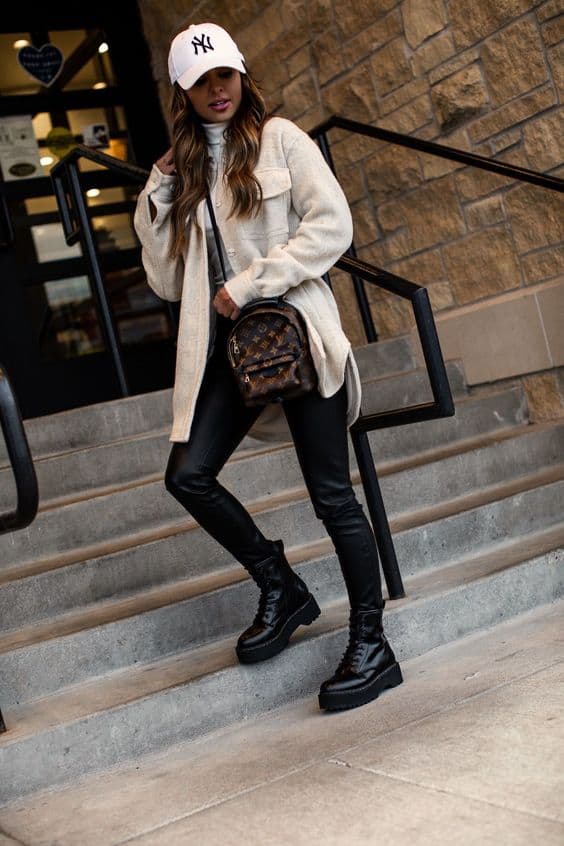 Edgy Streetwear with Combat Boots and a Shirt Jacket Edgy Streetwear with Combat Boots and a Shirt Jacket — Winter Boots Outfits