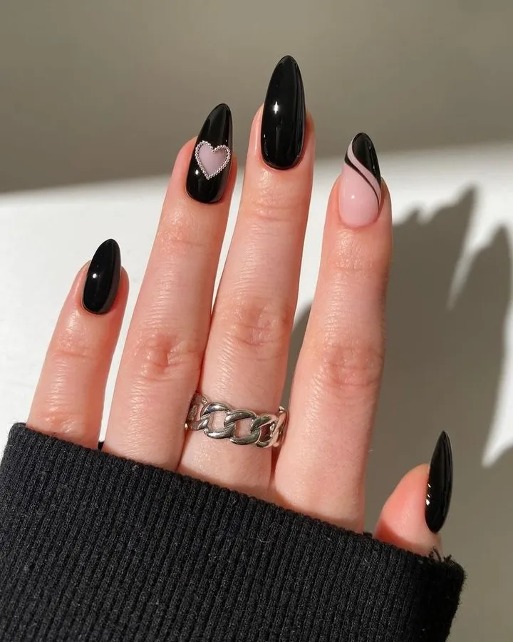 Black with Pink Heart Accent Nail Black with Pink Heart Accent Nail — nail art ideas