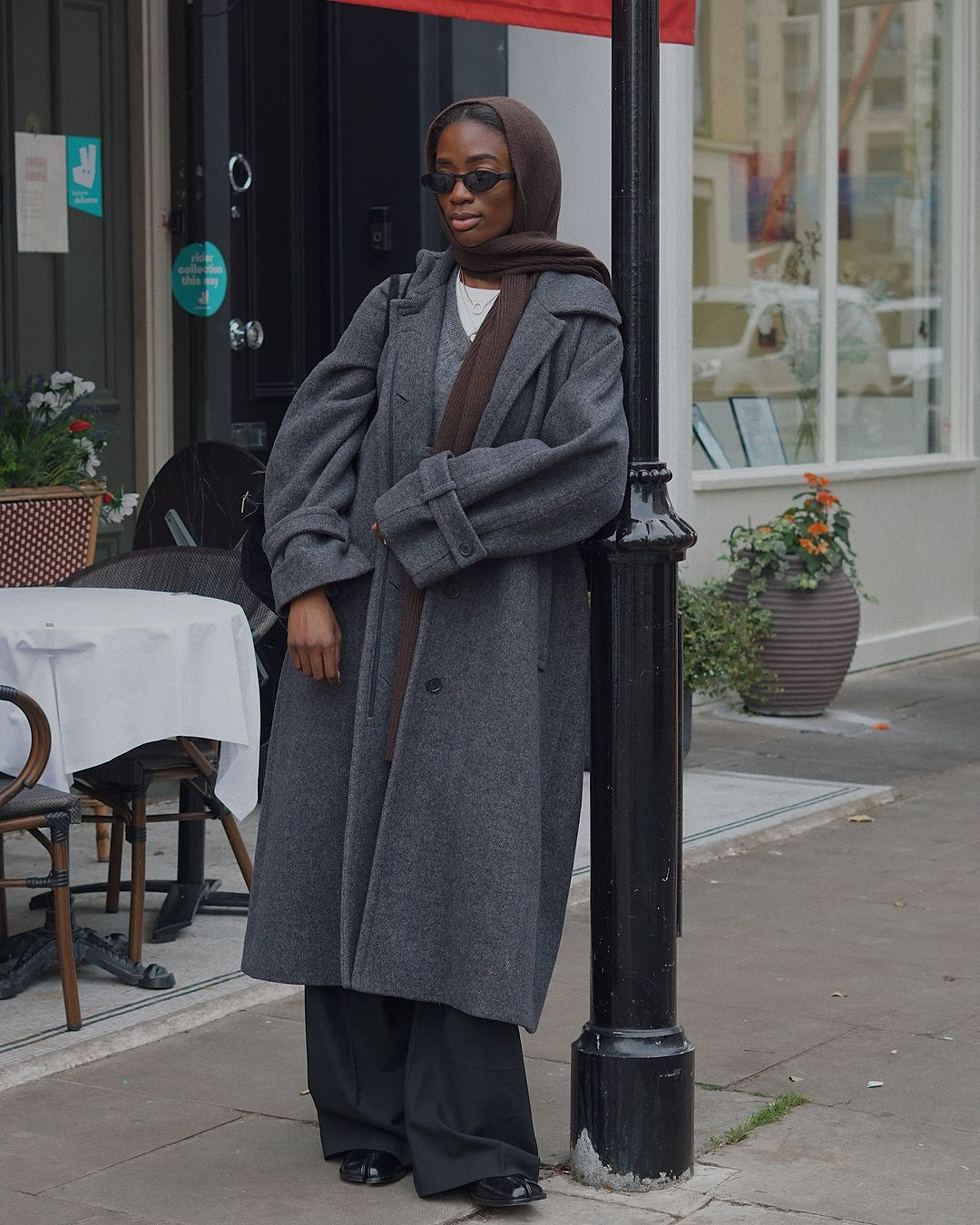 Oversized Grey Coat with Headscarf Accent Oversized Grey Coat with Headscarf Accent — Cold Weather Outfits