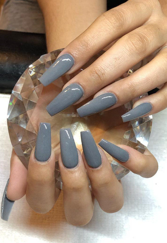 Solid Medium Grey Glossy Coffins Solid Medium Grey Glossy Coffins — Winter Acrylic Nail Colors