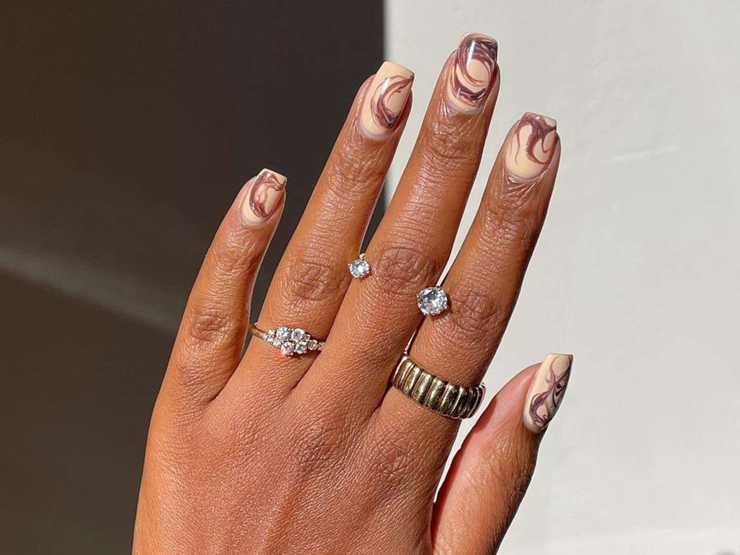 Short Square Marble Swirl Design — Mocha Nails