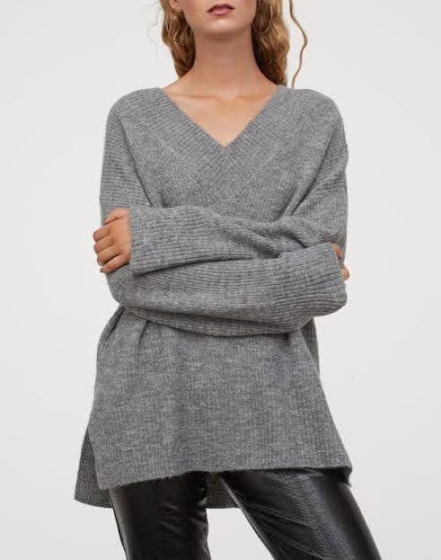 Grey V-Neck Tunic Sweater with Black Leather Pants — Oversized Sweater Outfits
