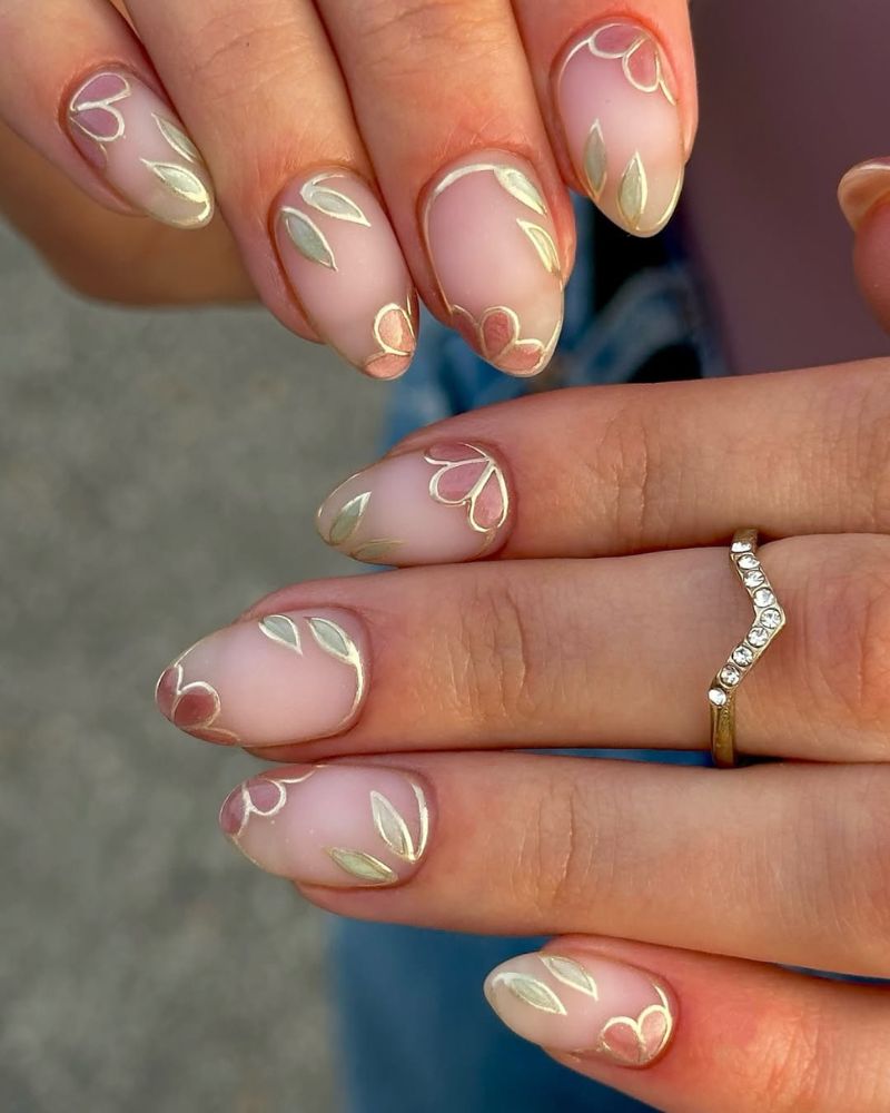 Outline Floral Leaf Nude Nails Outline Floral Leaf Nude Nails — Winter to Spring Transition Nails