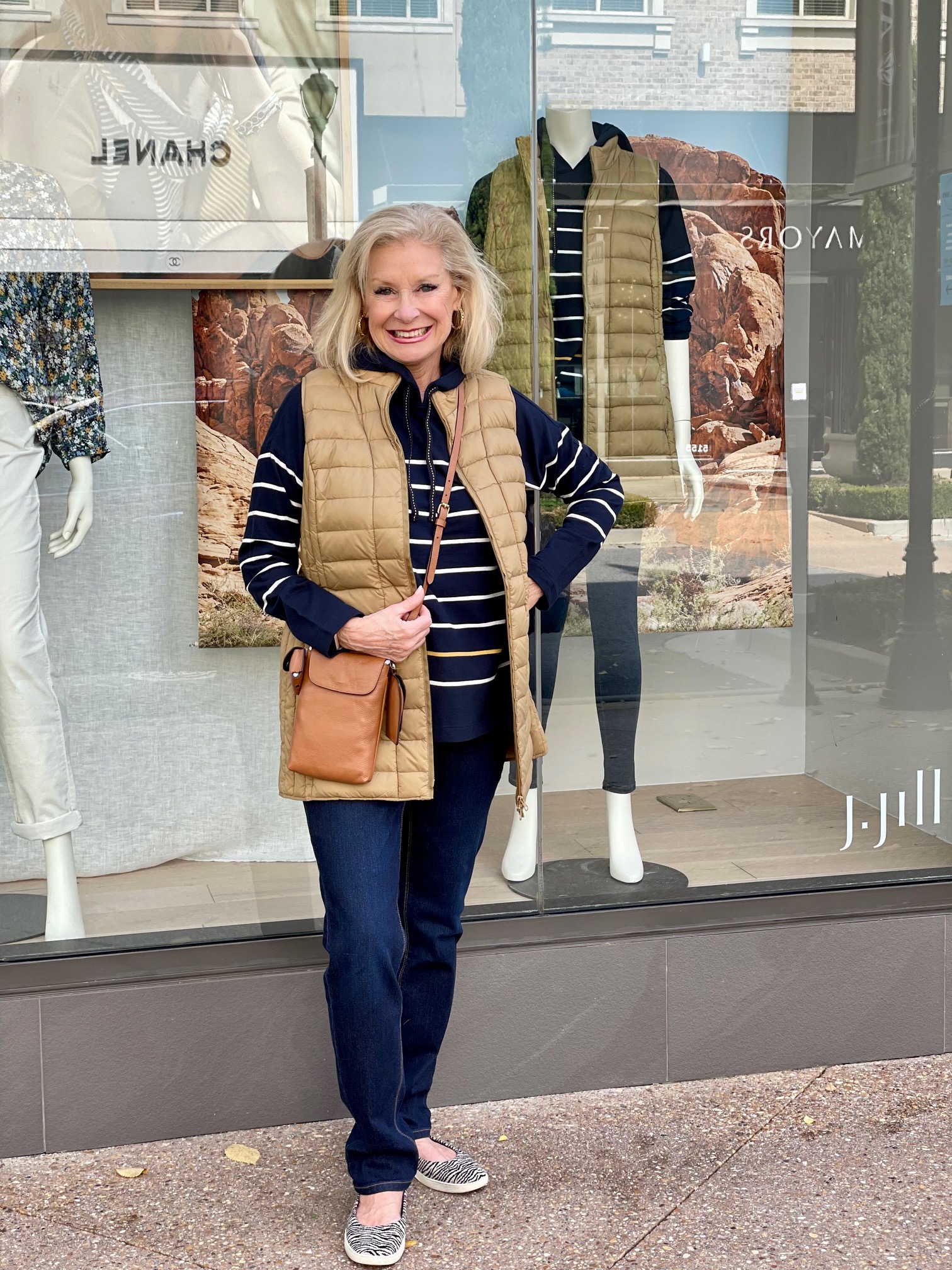 Puffer Vest Layering Over Stripes Puffer Vest Layering Over Stripes — Winter Outfits for Women Over 50