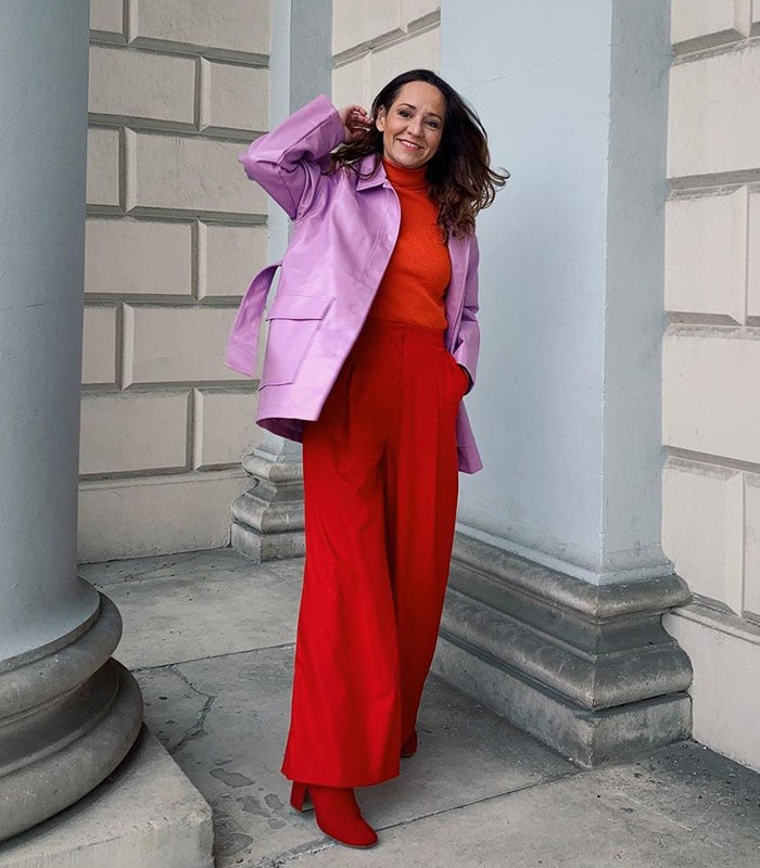 Orange Turtleneck with Purple Leather Jacket and Red Pants — Turtleneck Outfits