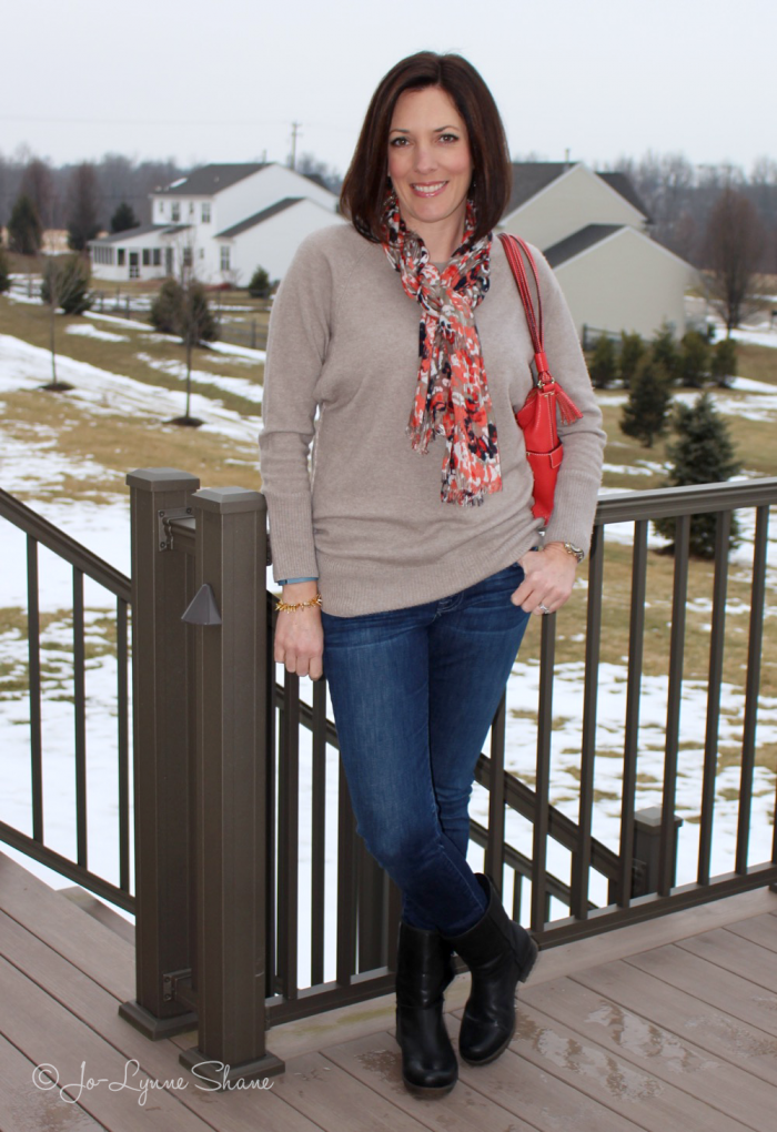 Beige Sweater with Patterned Scarf for a Pop of Color Beige Sweater with Patterned Scarf for a Pop of Color — Winter Outfits for Moms