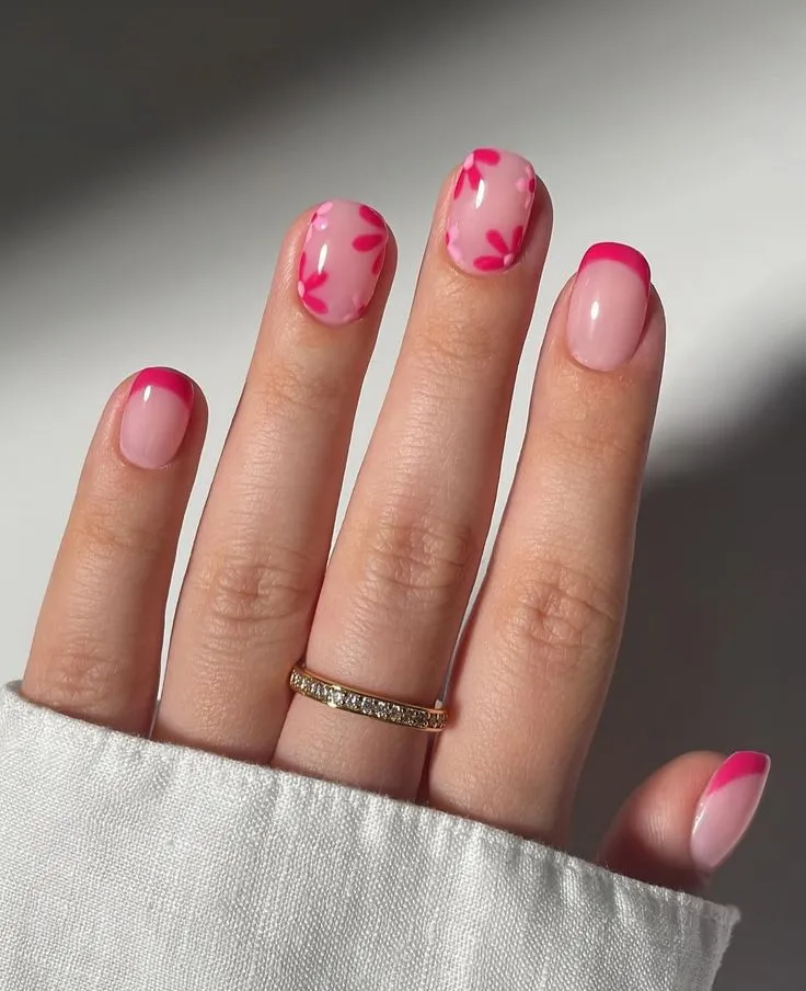 Glossy Pink Floral French Tip Nails Glossy Pink Floral French Tip Nails — easy nail designs