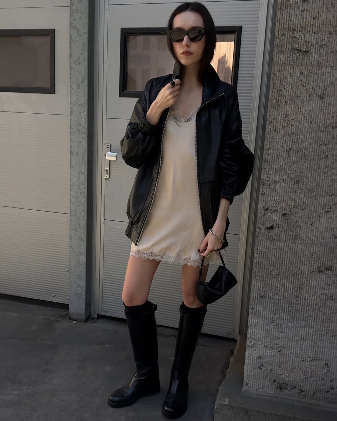 Edgy Meets Delicate: Slip Dress, Leather Jacket, and Black Knee-High Boots — Knee High Boots Outfits