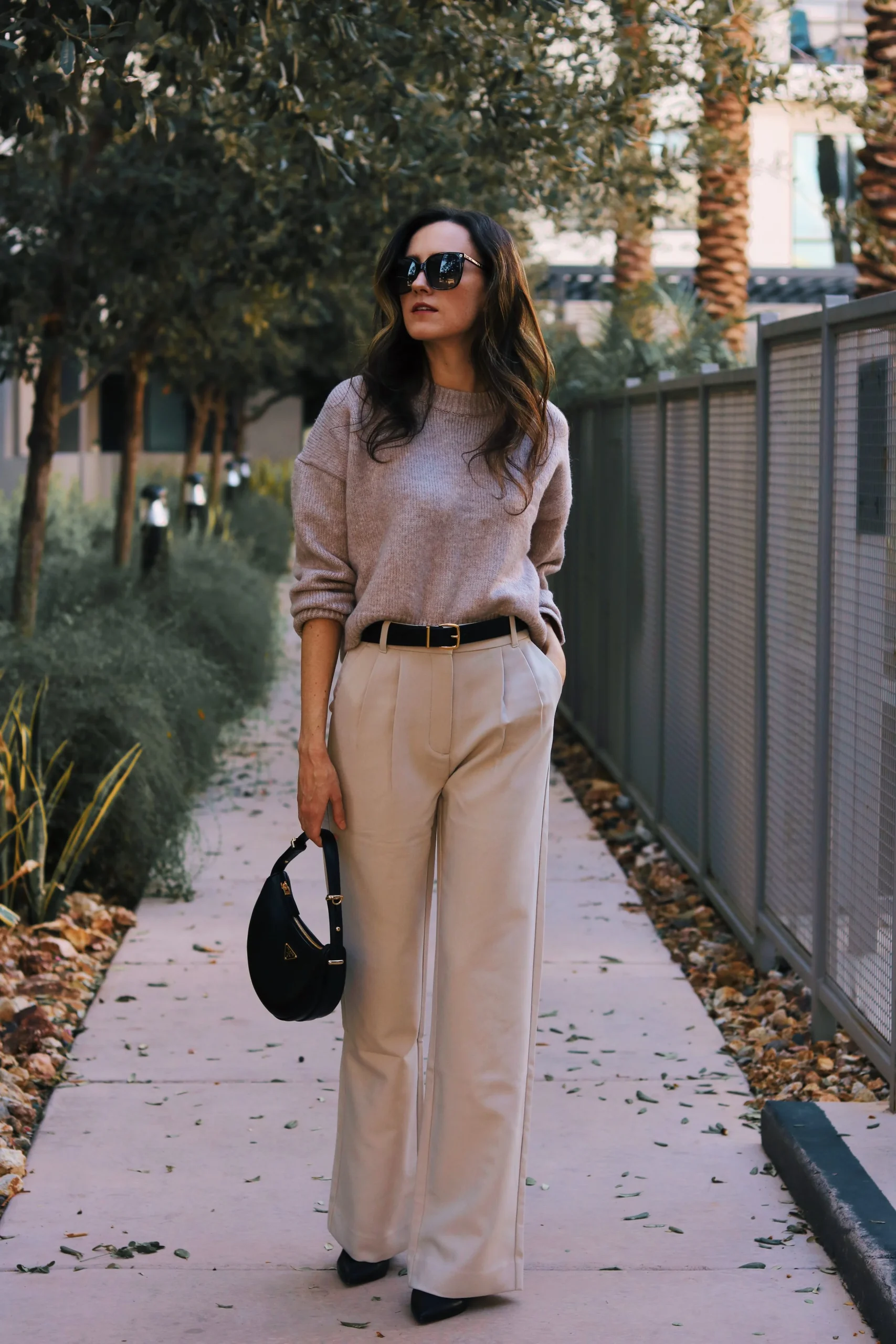 Beige Crewneck Sweater and Wide-Leg Trousers with Black Accents Beige Crewneck Sweater and Wide-Leg Trousers with Black Accents — Neutral Winter Outfits