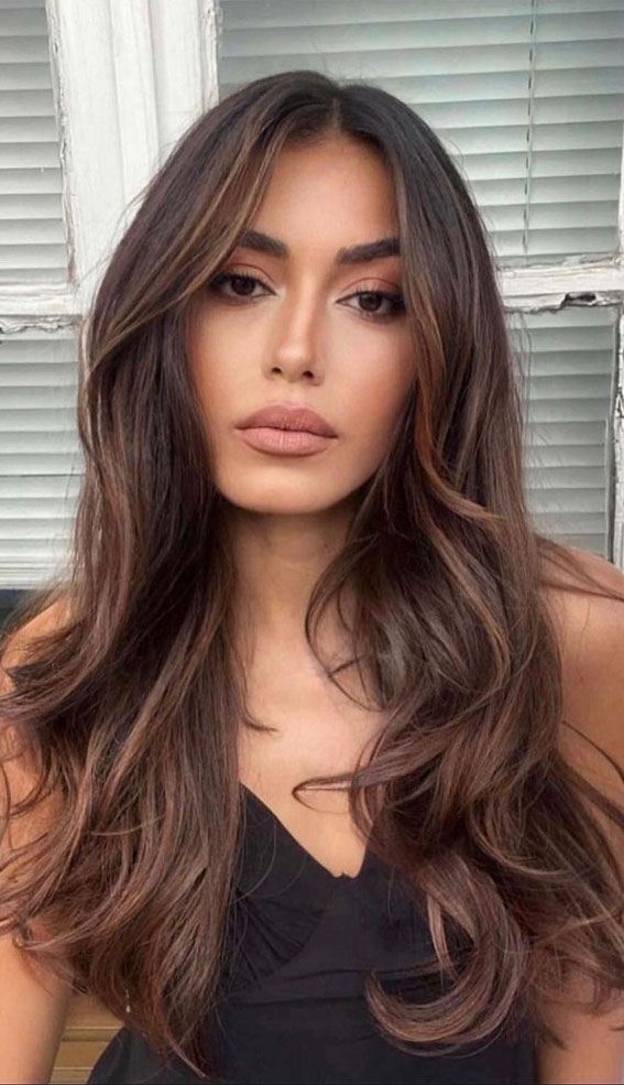 Curtain Bangs Dark Brown With Cinnamon Balayage — Cinnamon Brown Hair