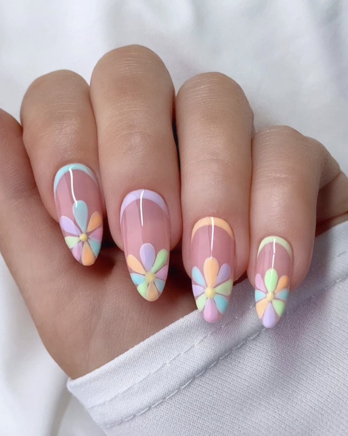 Pastel French Tips with Center Florals Pastel French Tips with Center Florals — cute nail designs