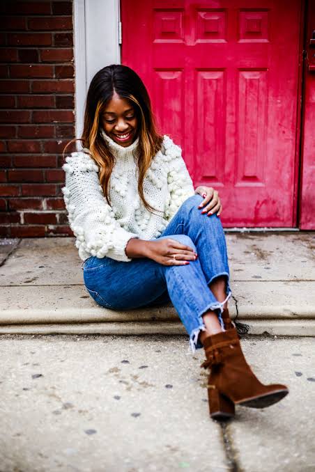 White Textured Turtleneck with Bobble Detail and Blue Jeans — Turtleneck Outfits
