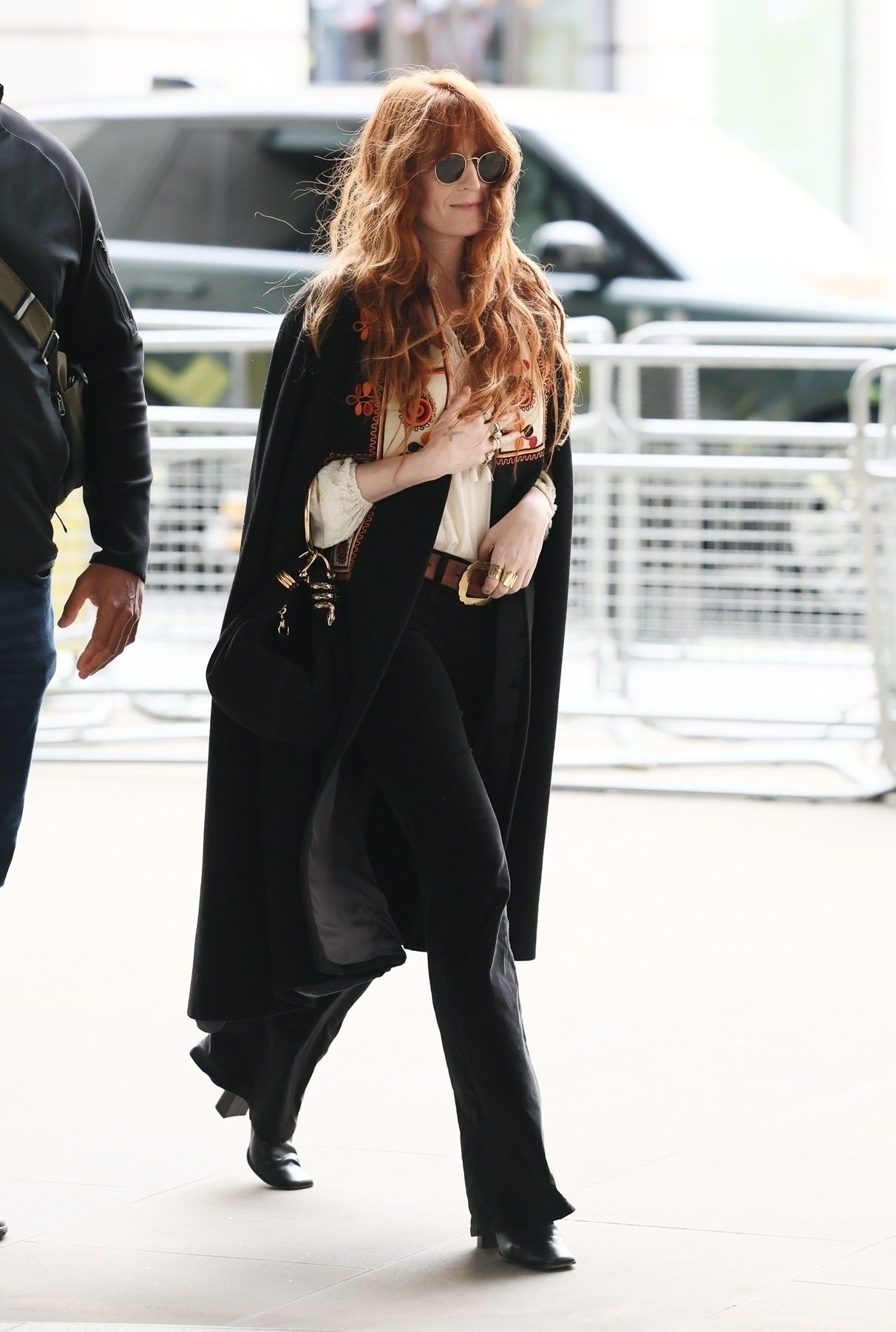 Wide-Leg Pants with Embroidered Blouse and Black Cape — Boho Winter Outfits