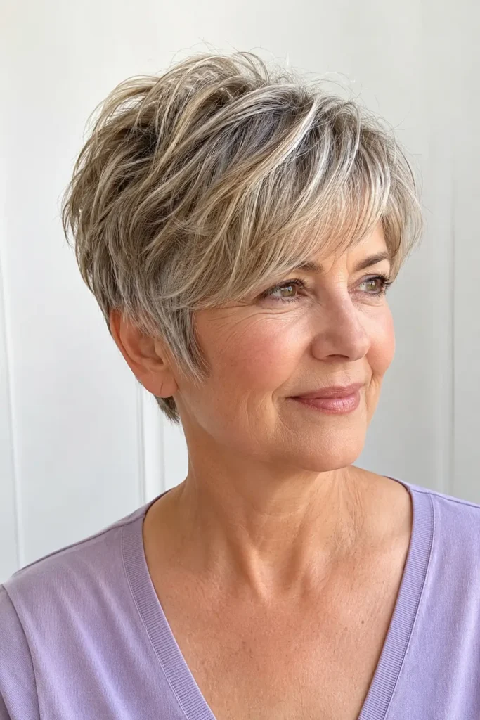 Textured Blonde Pixie with Grey Highlights Textured Blonde Pixie with Grey Highlights — very short women haircuts