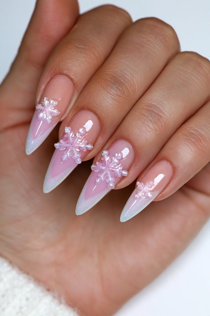 3D Snowflake French Stilettos 3D Snowflake French Stilettos — Winter Acrylic Nail Colors