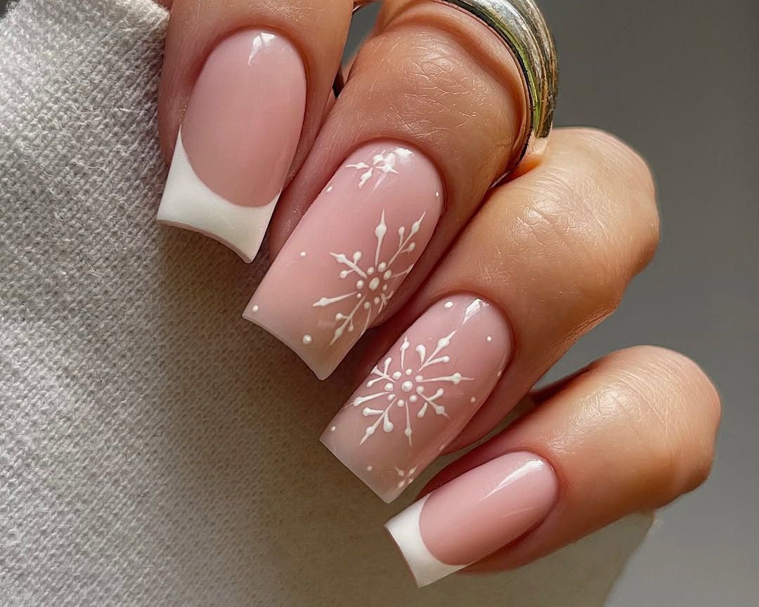 Sheer Pink French Snowflake Accent Nails Sheer Pink French Snowflake Accent Nails — Snowflake Nails