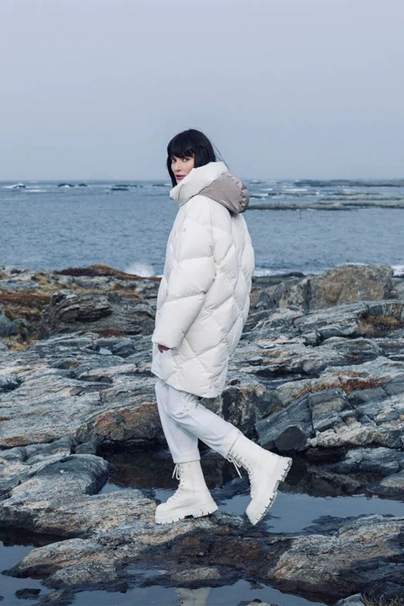 Monochromatic Winter Comfort: White Quilted Puffer and Pants — Winter Puffer Jacket Outfits