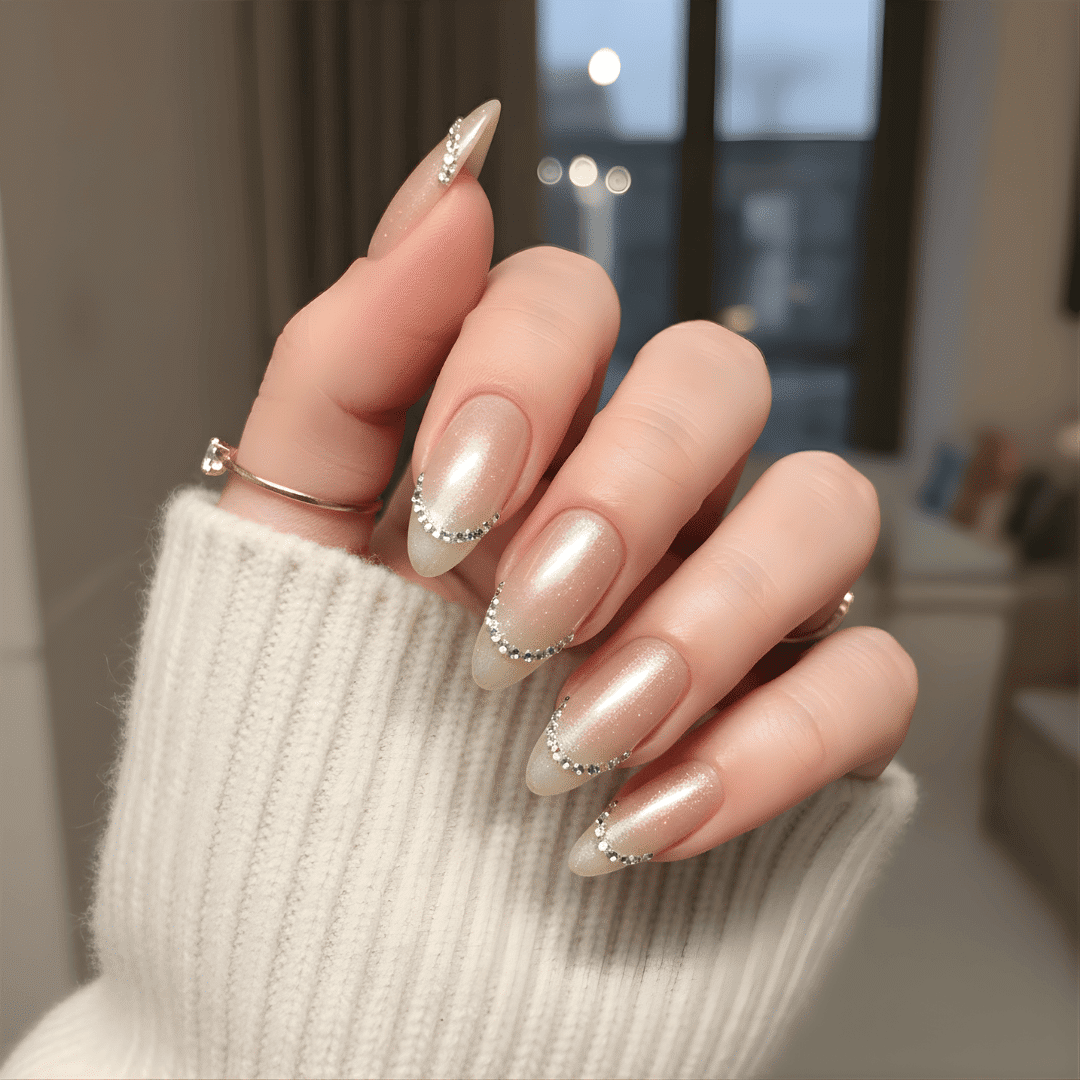 Champagne Shimmer Cuticle Rhinestone Almond Nails Champagne Shimmer Cuticle Rhinestone Almond Nails — Winter Almond Nails