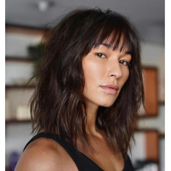 Chin-Length Dark Brown Shag With Blunt Bangs — Winter Haircuts with Bangs