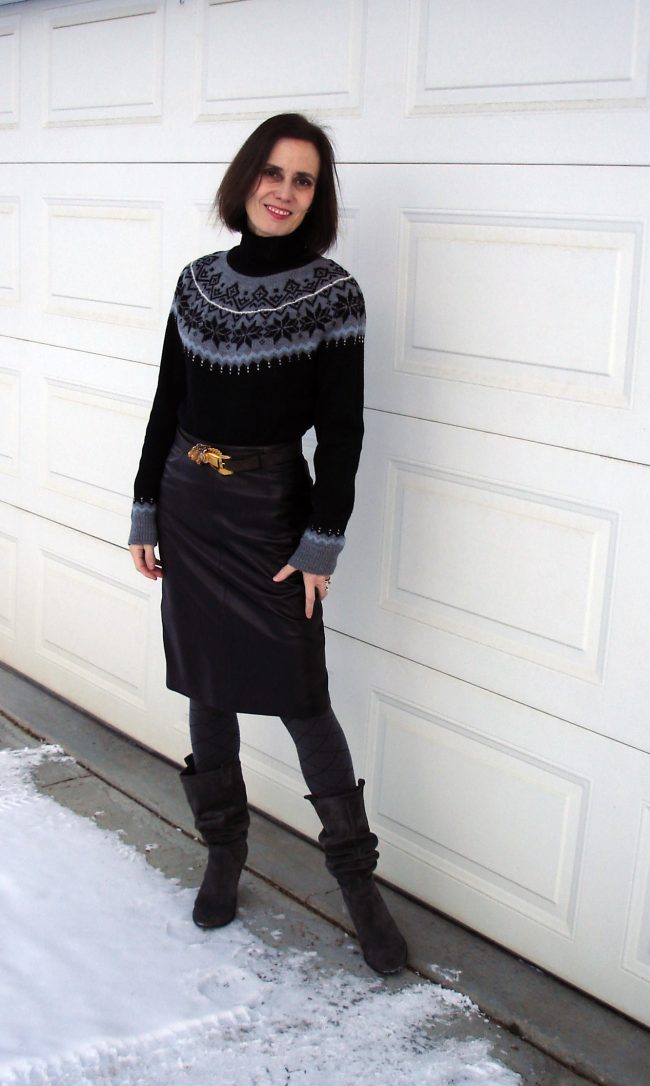 Black Fair Isle Turtleneck with Leather Skirt for Winter Black Fair Isle Turtleneck with Leather Skirt for Winter — Fair Isle Sweater Outfits