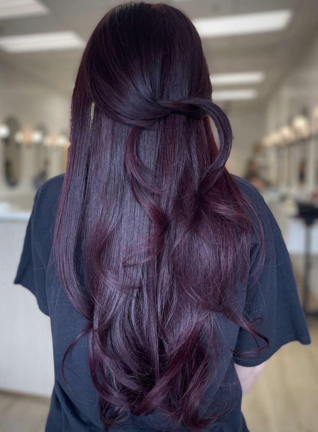 Half-Up Half-Down Plum Highlights — Plum Hair Color