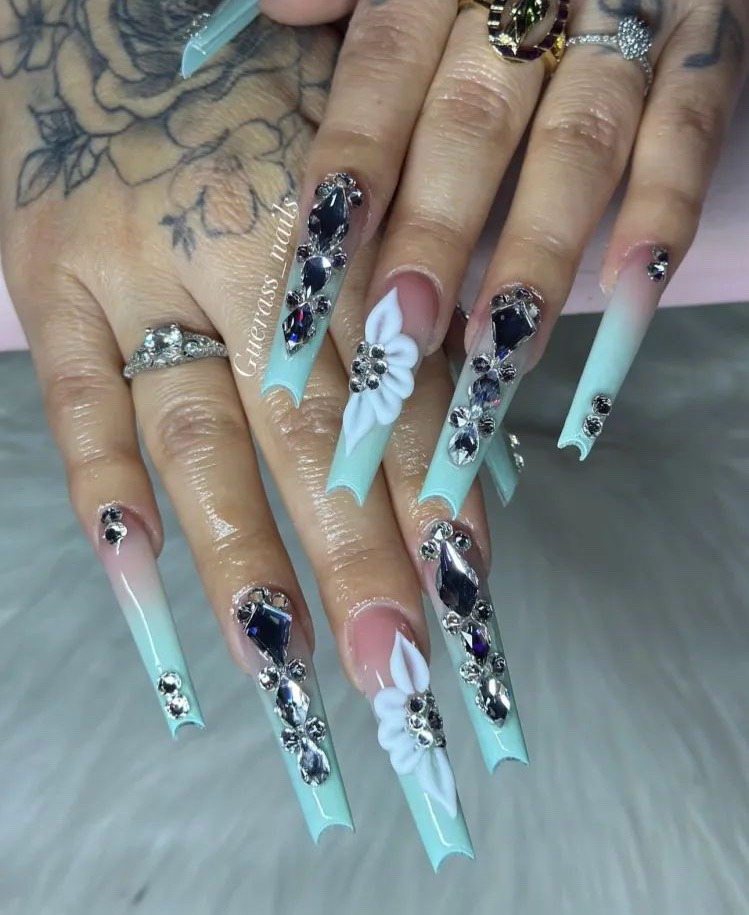 Light Blue Ombre Rhinestone Floral Coffin Nails Light Blue Ombre Rhinestone Floral Coffin Nails — Winter Coffin Nails
