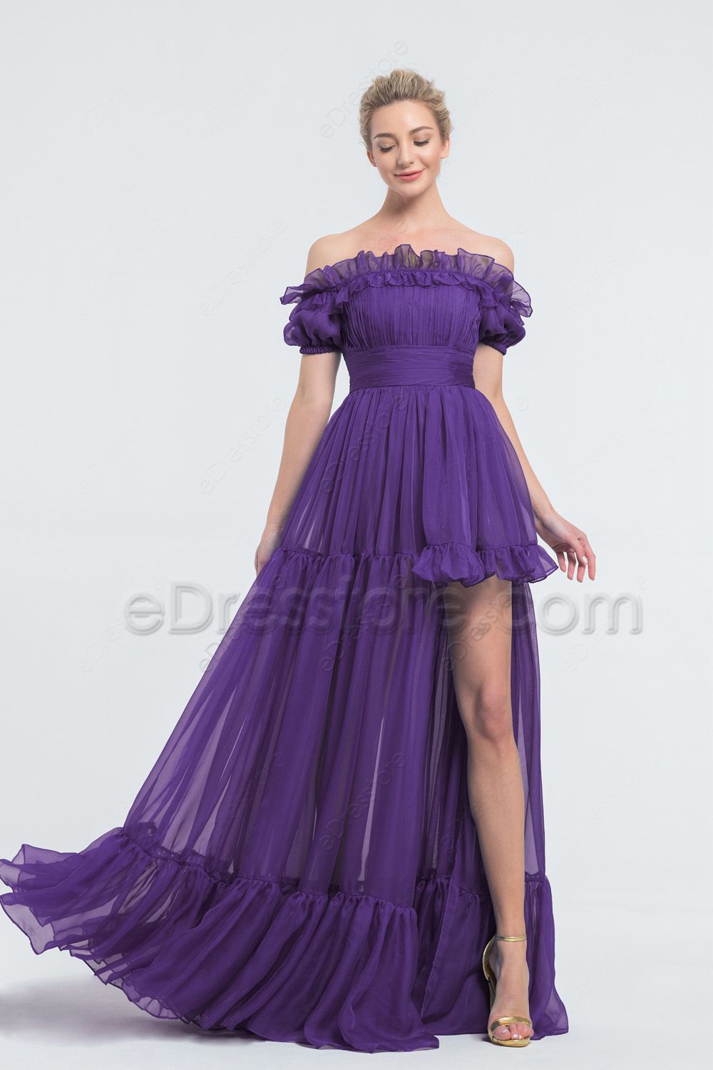 Vibrant Purple Chiffon Maxi Dress with Tiered Ruffles and High Slit Vibrant Purple Chiffon Maxi Dress with Tiered Ruffles and High Slit — Royal Purple Outfits