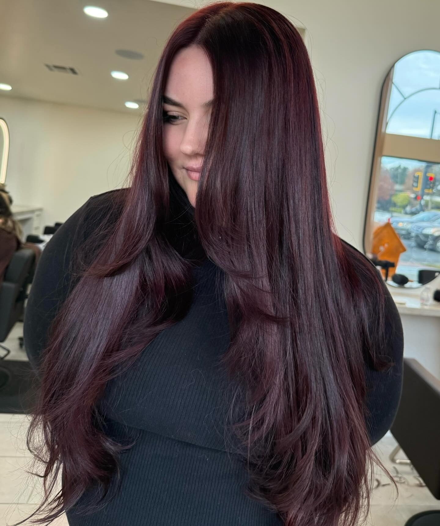 Rich Burgundy Mid-Back Blowout Rich Burgundy Mid-Back Blowout — Burgundy Hair Color