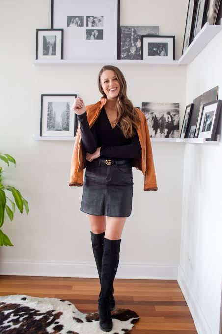 Casual Outing: Black Leather Mini Skirt and Knee-High Boots with Tan Jacket — Black Boots Outfits