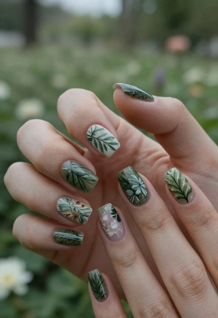 Green Leaf Motifs Square Nails Green Leaf Motifs Square Nails — green nail designs