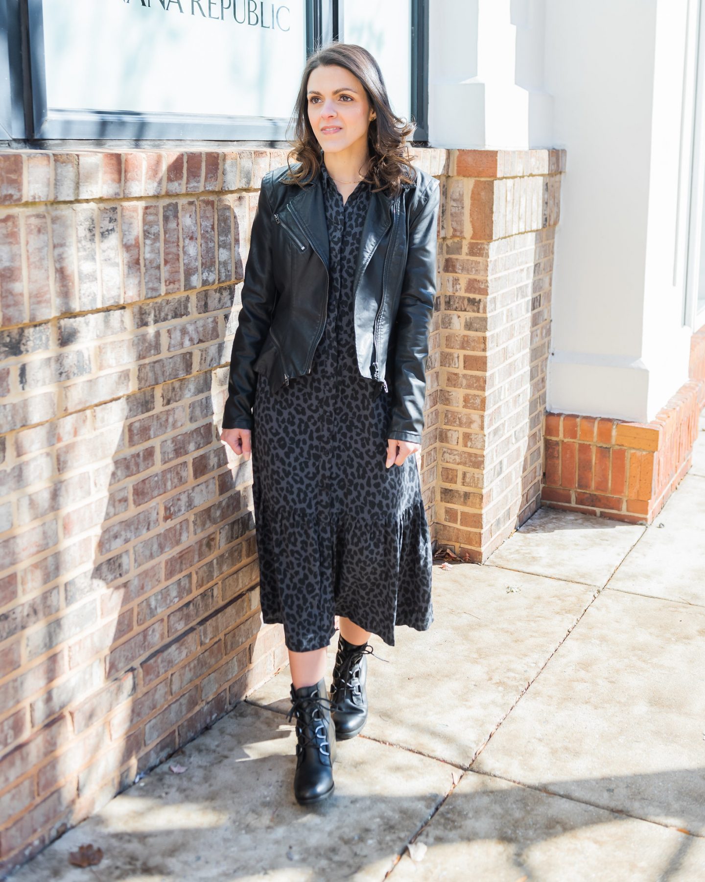 Casual Cool with Leopard Print Dress and Leather Jacket Casual Cool with Leopard Print Dress and Leather Jacket — Combat Boots Outfits