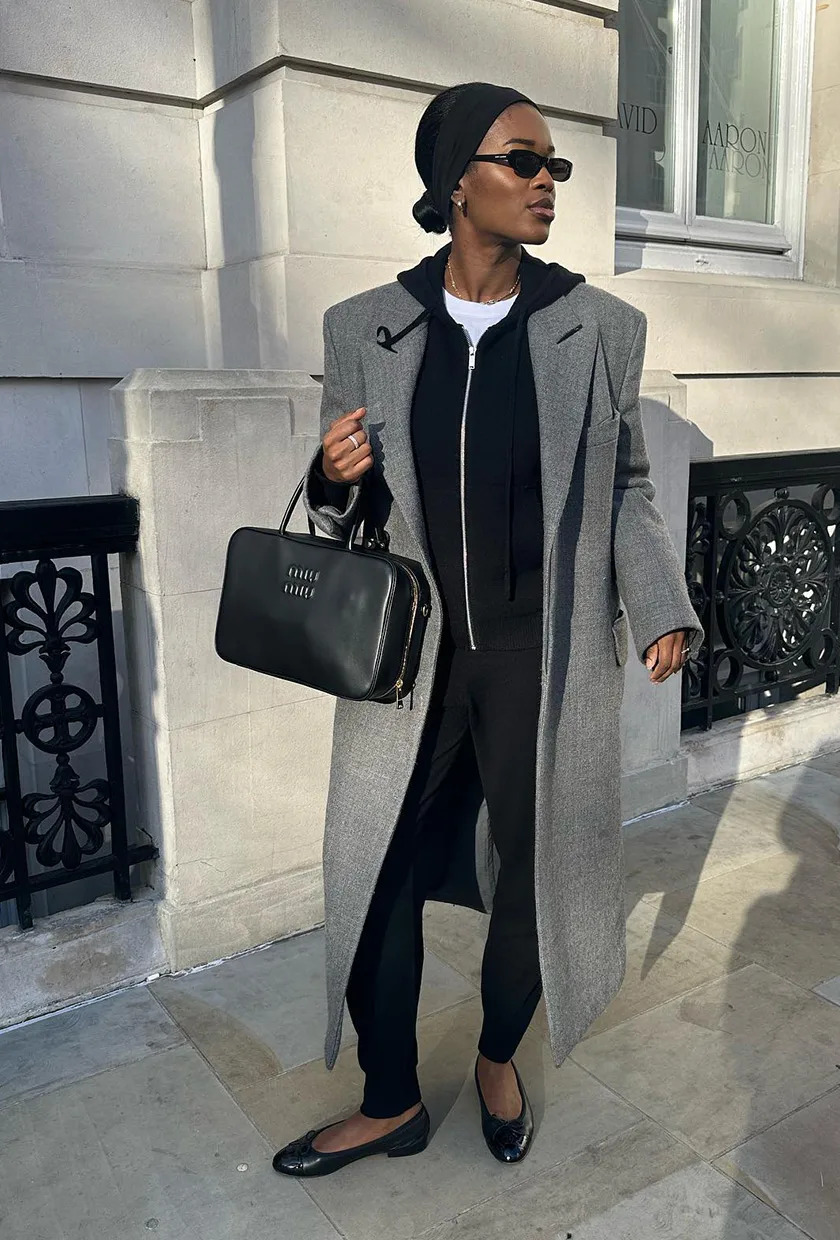 Grey Coat Over Hoodie for Casual Airport Chic — Winter Travel Outfits
