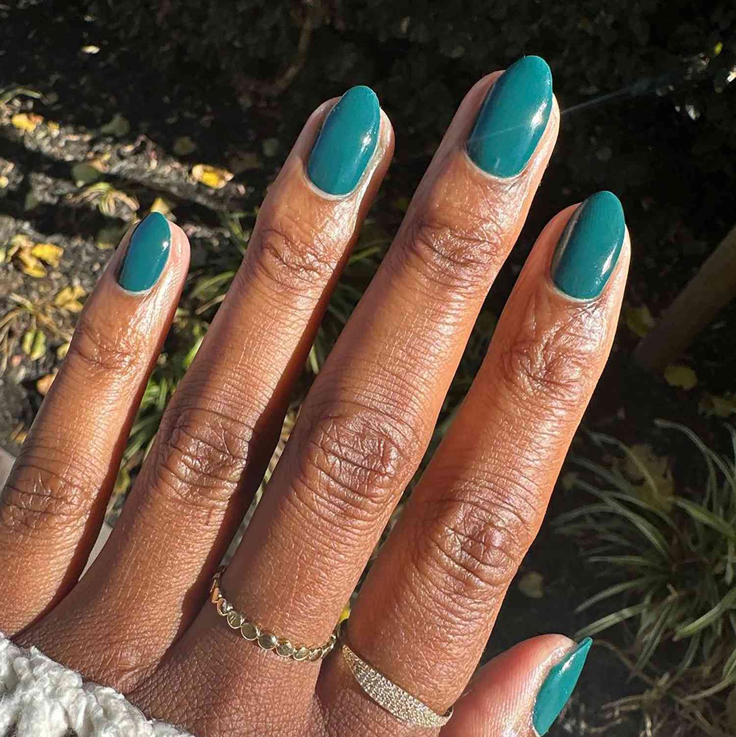 Medium Almond Deep Teal Glossy Nails Medium Almond Deep Teal Glossy Nails — Winter Nail Colors for Women Over 60
