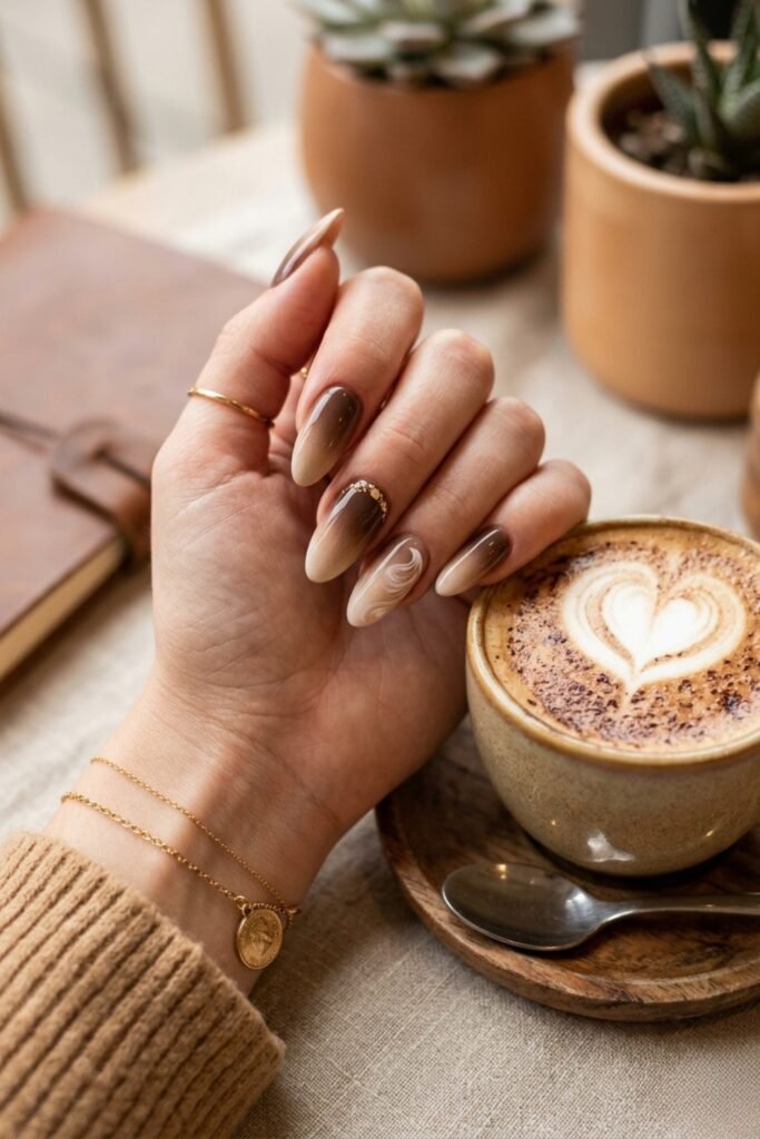 Mocha Gradient Swirl with Glitter — Mocha Nails