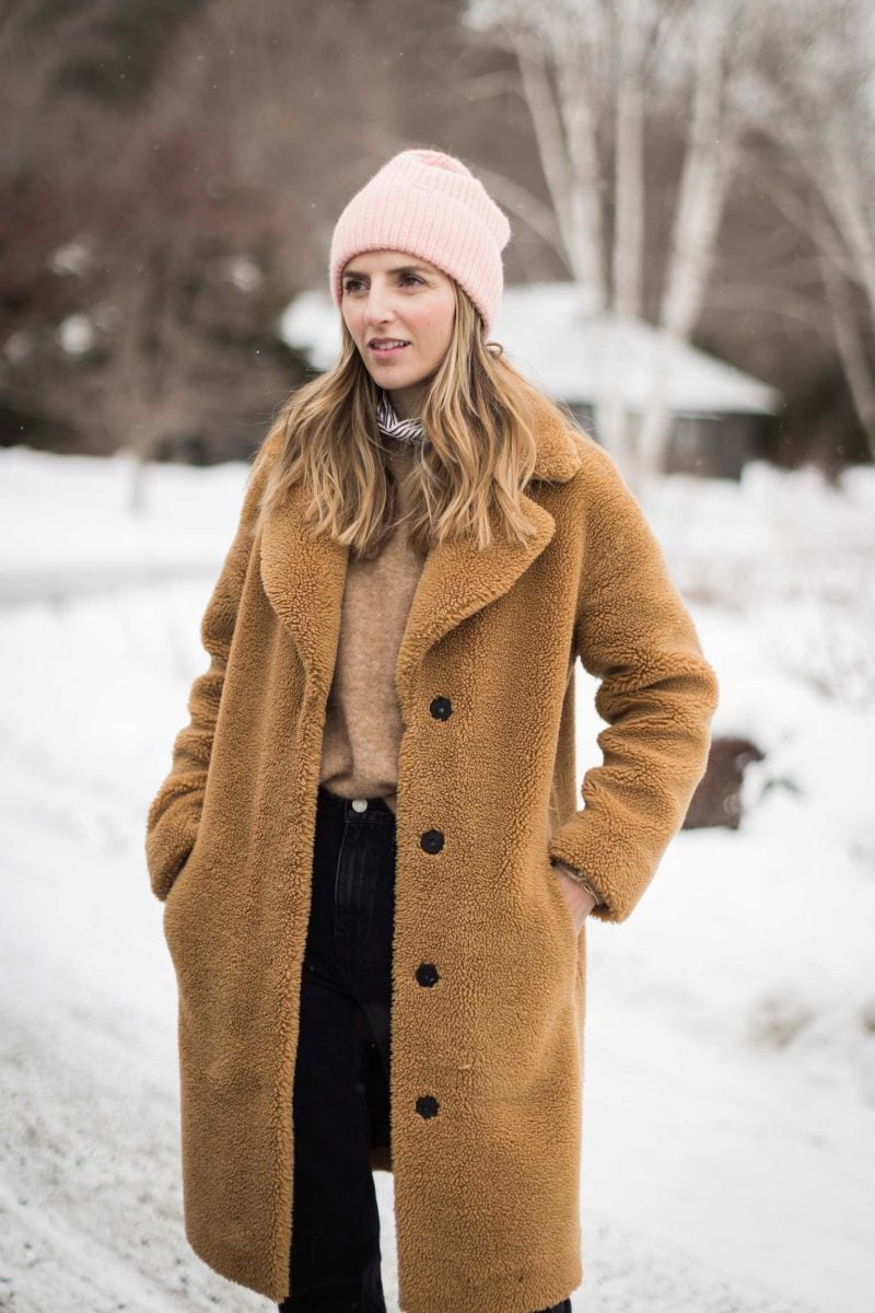 Camel Teddy Coat with Pink Beanie Camel Teddy Coat with Pink Beanie — Winter Outfits for Warm Weather