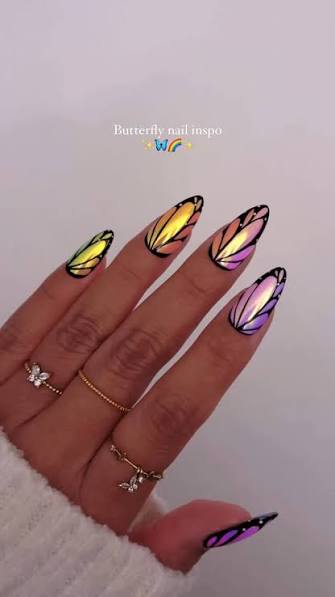 Rainbow Butterfly Wing Stilettos Rainbow Butterfly Wing Stilettos — chrome nail designs