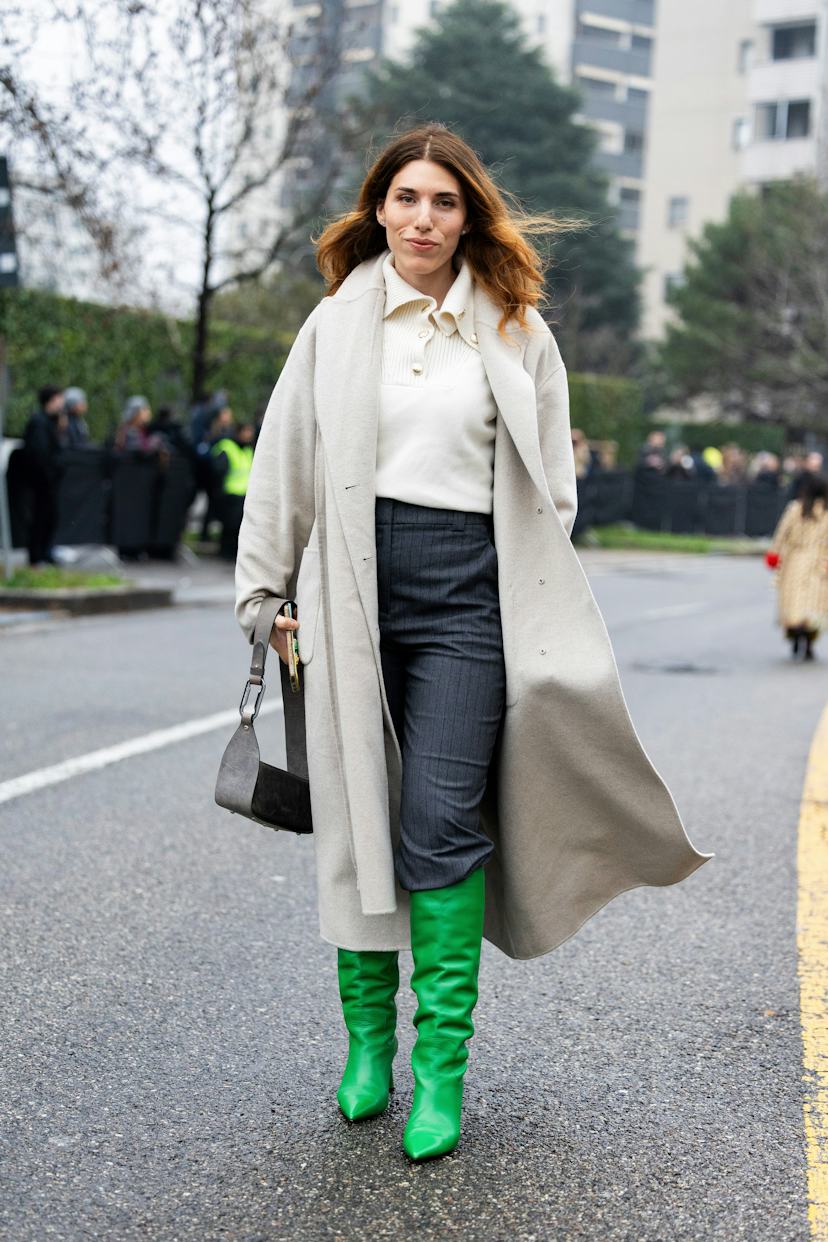 Beige Wool Coat with Green Knee-High Boots — Italy Winter Outfits