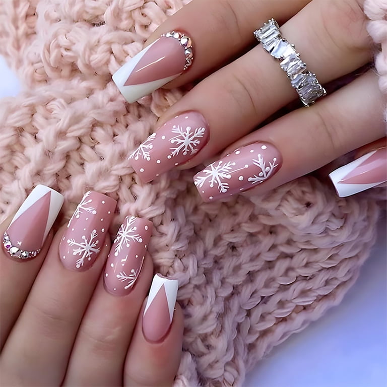 Nude Square Snowflakes and French — Winter French Tip Nails