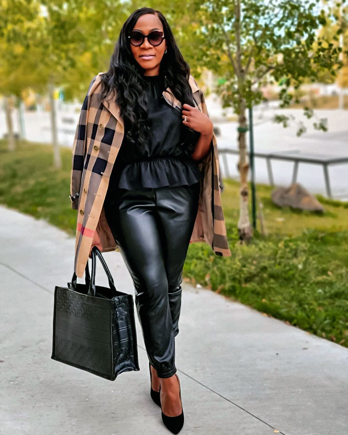 Plaid Trench Coat Over Leather Pants for Evening Chic Plaid Trench Coat Over Leather Pants for Evening Chic — Winter Outfits for Women Over 40