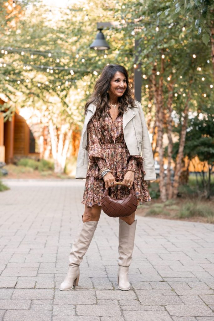 Floral Mini Dress and Cream Leather Jacket Floral Mini Dress and Cream Leather Jacket — Brown Boots Outfits