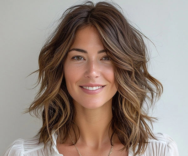 Shoulder Brunette Shag with Choppy Bangs Shoulder Brunette Shag with Choppy Bangs — Winter Haircuts for Oval Faces