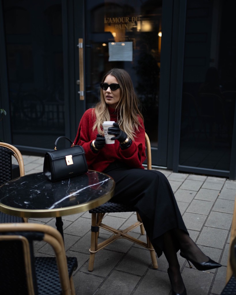 Oversized Red Turtleneck Sweater with Sheer Tights Oversized Red Turtleneck Sweater with Sheer Tights — Winter Date Night Outfits