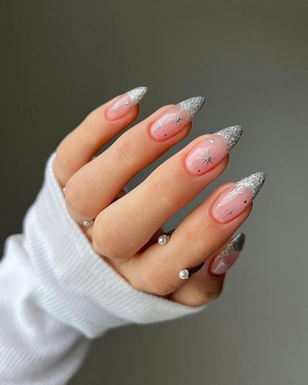 Sheer Pink Stiletto With Silver Glitter French Tips Sheer Pink Stiletto With Silver Glitter French Tips — Winter Stiletto Nails
