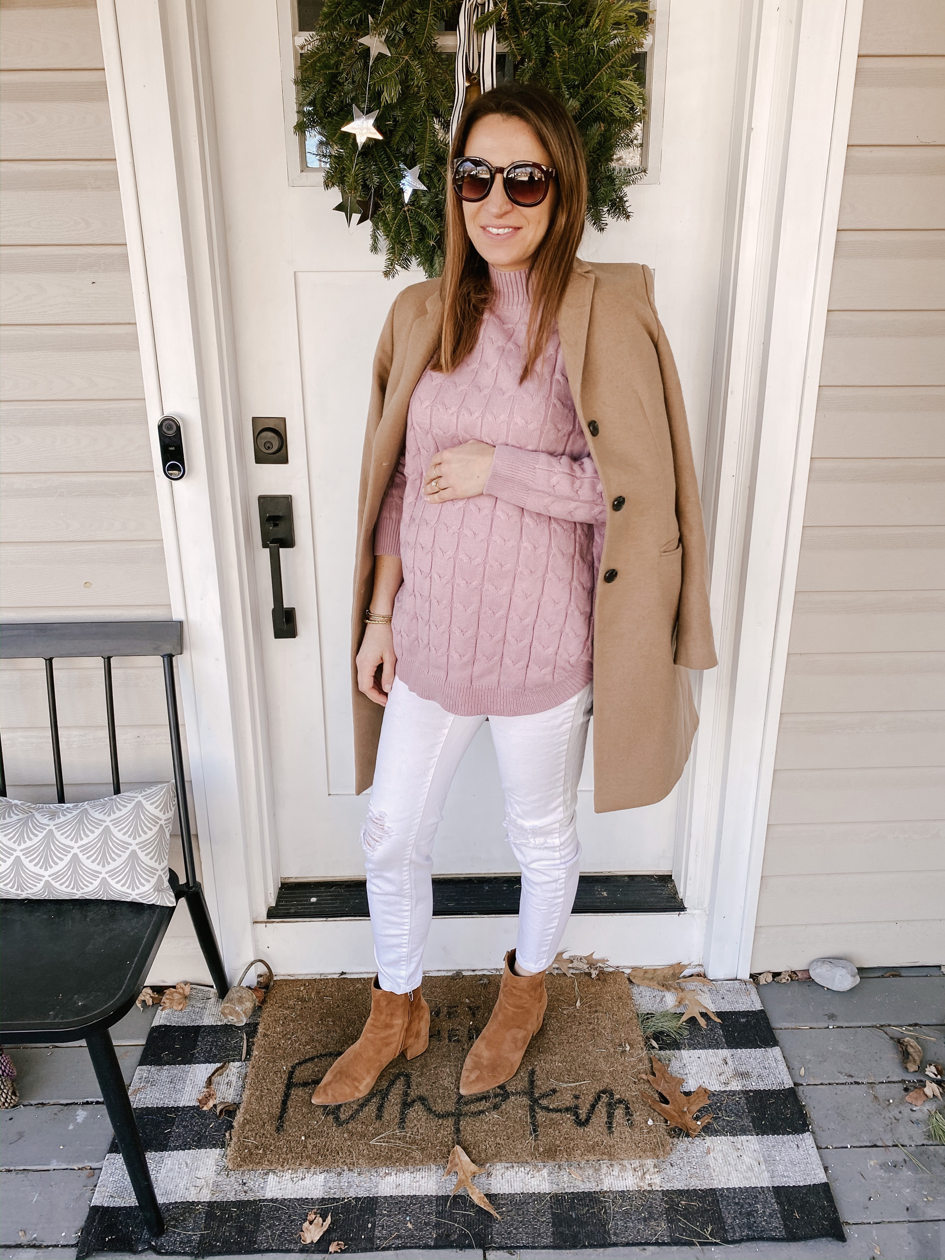 Pink Cable-Knit Sweater with Camel Coat for a Soft Winter Palette Pink Cable-Knit Sweater with Camel Coat for a Soft Winter Palette — Winter Outfits for Moms