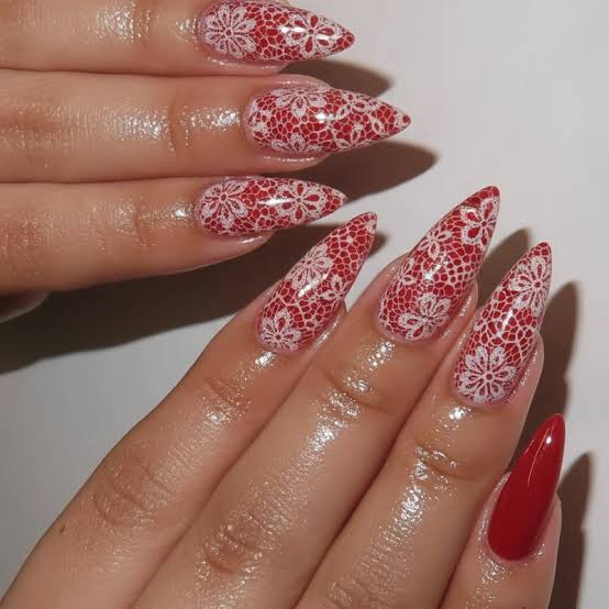 Bold Vibrant Red Lace Stilettos Bold Vibrant Red Lace Stilettos — Lace Nails