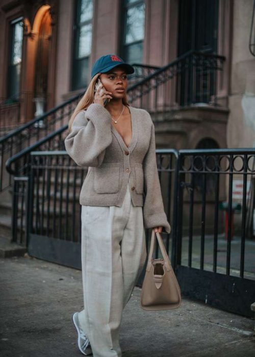 Oversized Beige Cardigan with Pockets, Linen Pants, and Baseball Cap — Cardigan Outfits