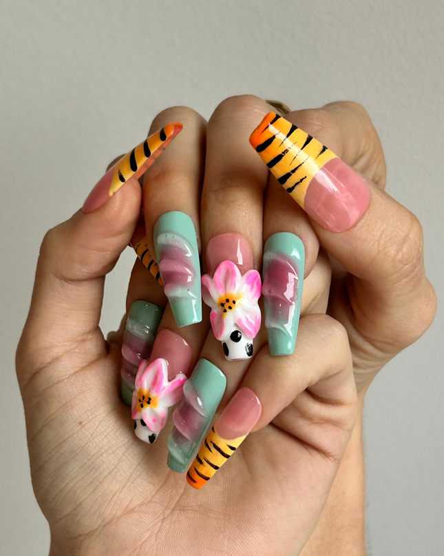 Tiger Stripe Floral 3D Embellishment Coffin Nails Tiger Stripe Floral 3D Embellishment Coffin Nails — coffin nail designs