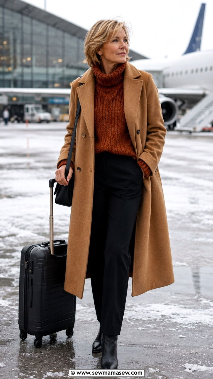 Camel Wool Coat with Rust Turtleneck and Black Boots — Winter Airport Outfits