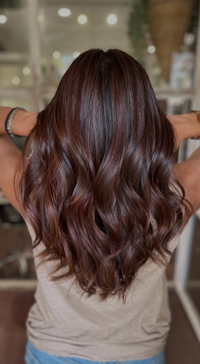 Dark Brown With Mahogany Caramel Highlights Dark Brown With Mahogany Caramel Highlights — Winter Hair Colors for Brunettes